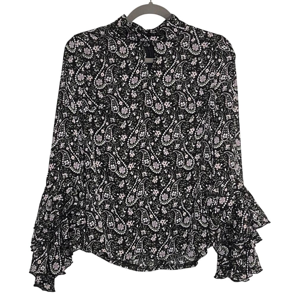 Gracia Top Size M Black Floral Paisley Ruffle Bell Sleeves Keyhole Holiday Party